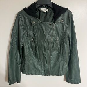 Women's Juniors Harmony & Havoc Faux Leather Jacket Hooded Zipper Size XL Green‎